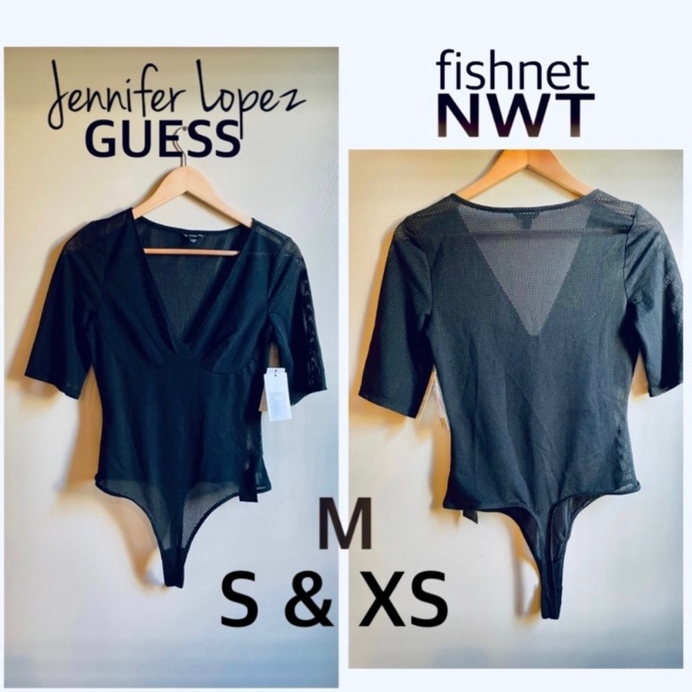NWT black fishnet sexy short sleeve bodysuit (M) XSS GUESS Jennifer Lopez